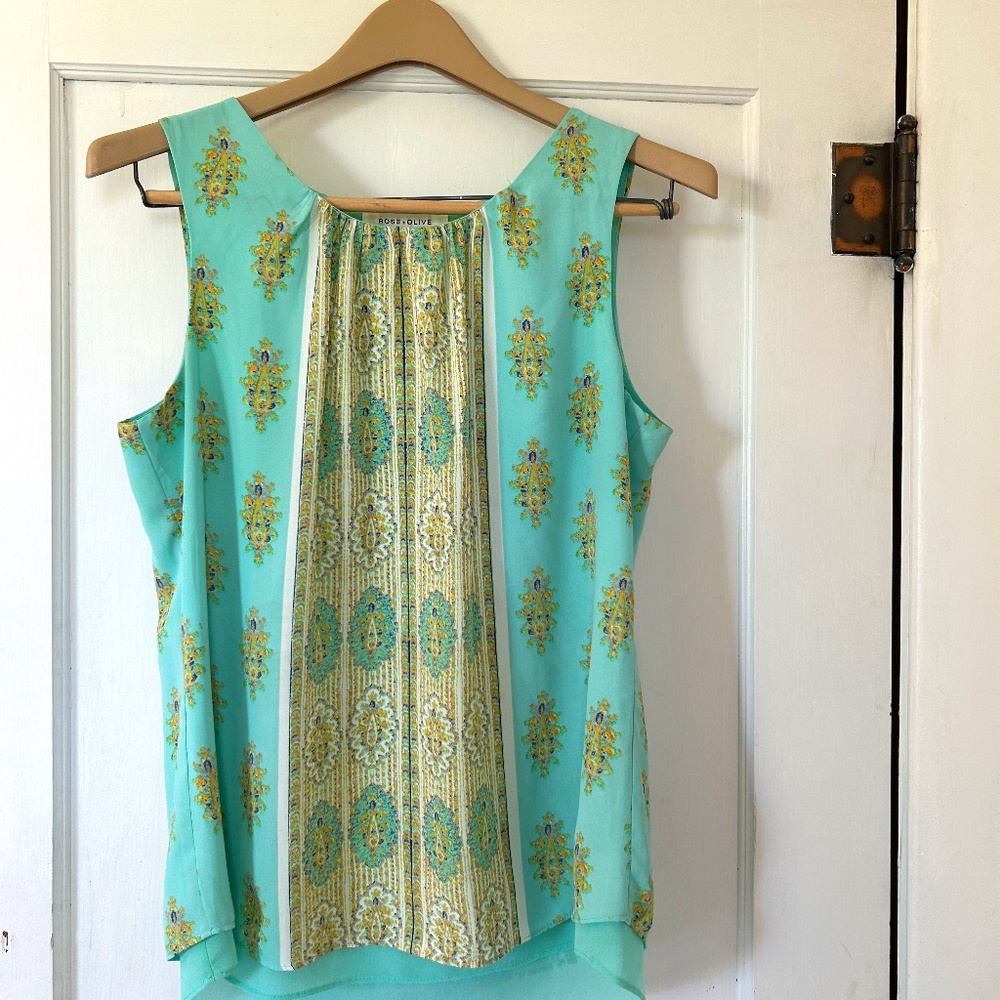 Rose + Olive Boho Lined Mint Green Gold Paisley Print Sleeveless Tank Blouse
